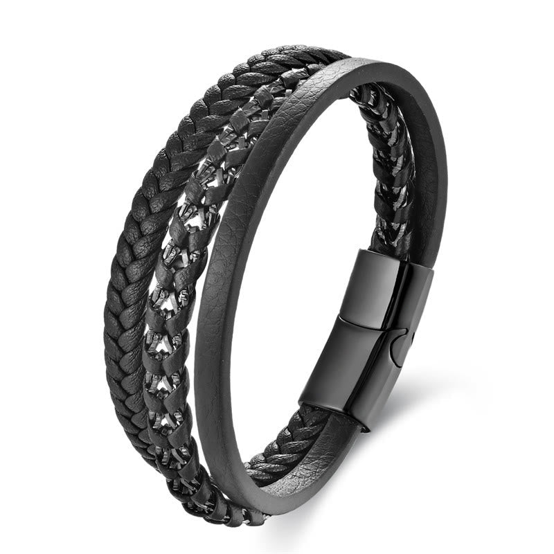 Fortune Jewel Braided Design Titanium Steel Calm Multi-layer Leather Buckle Bracelet