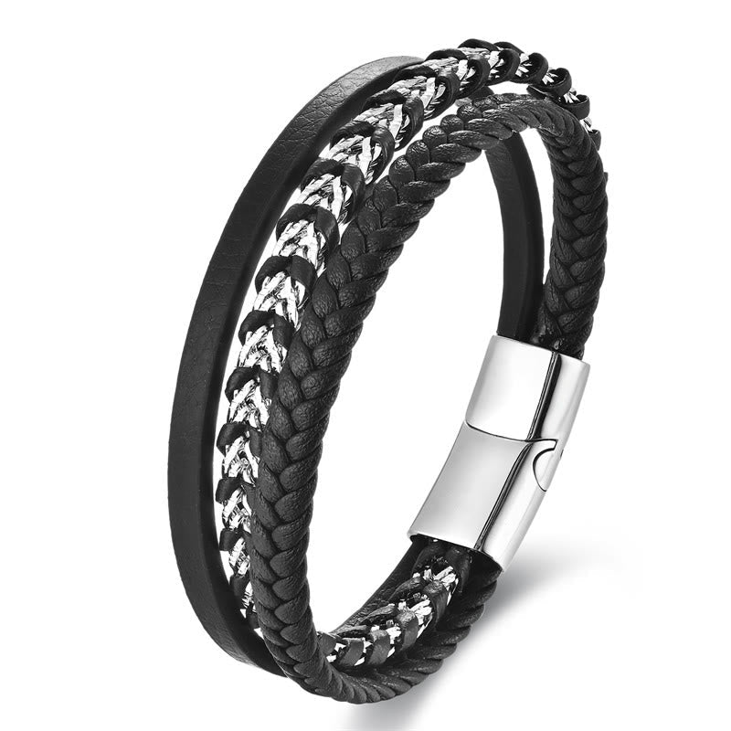 Fortune Jewel Braided Design Titanium Steel Calm Multi-layer Leather Buckle Bracelet