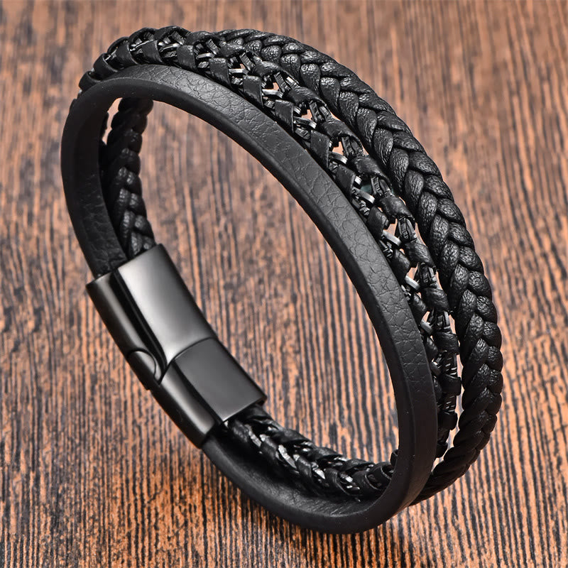 Fortune Jewel Braided Design Titanium Steel Calm Multi-layer Leather Buckle Bracelet