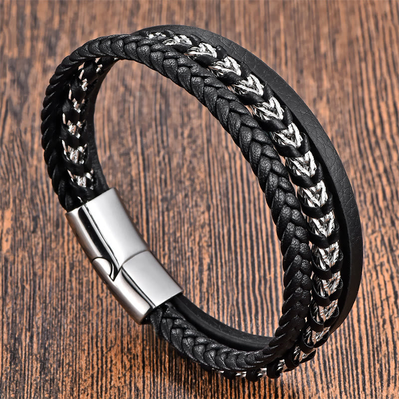 Fortune Jewel Braided Design Titanium Steel Calm Multi-layer Leather Buckle Bracelet