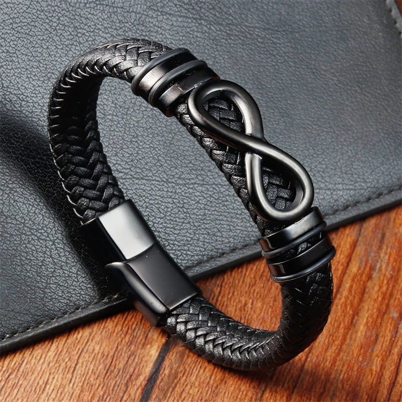 Fortune Jewel Endless Knot Design Titanium Steel Strengthen Braided Leather Buckle Bracelet