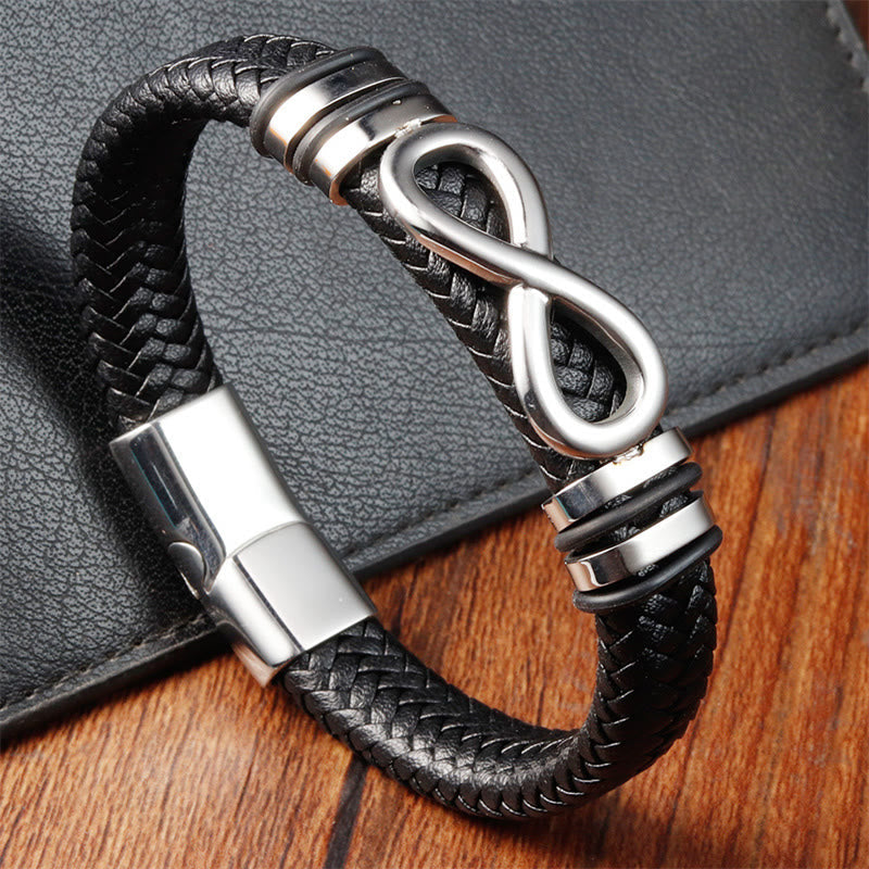 Fortune Jewel Endless Knot Design Titanium Steel Strengthen Braided Leather Buckle Bracelet