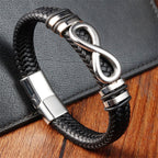 Fortune Jewel Endless Knot Design Titanium Steel Strengthen Braided Leather Buckle Bracelet