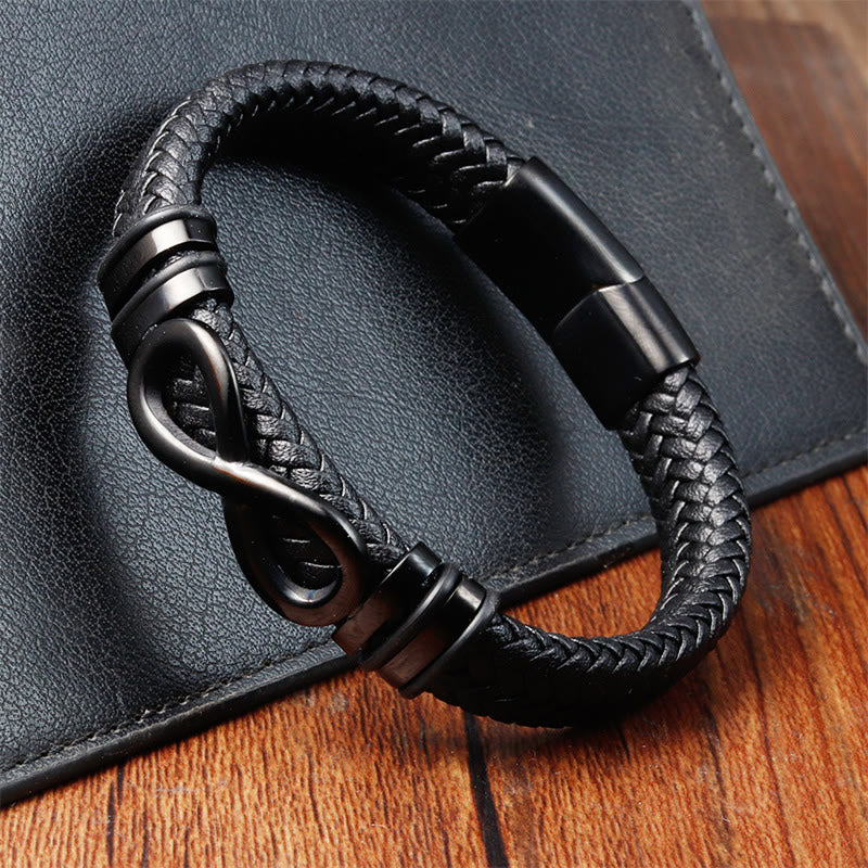 Fortune Jewel Endless Knot Design Titanium Steel Strengthen Braided Leather Buckle Bracelet