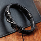Fortune Jewel Endless Knot Design Titanium Steel Strengthen Braided Leather Buckle Bracelet