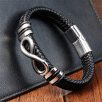 Fortune Jewel Endless Knot Design Titanium Steel Strengthen Braided Leather Buckle Bracelet