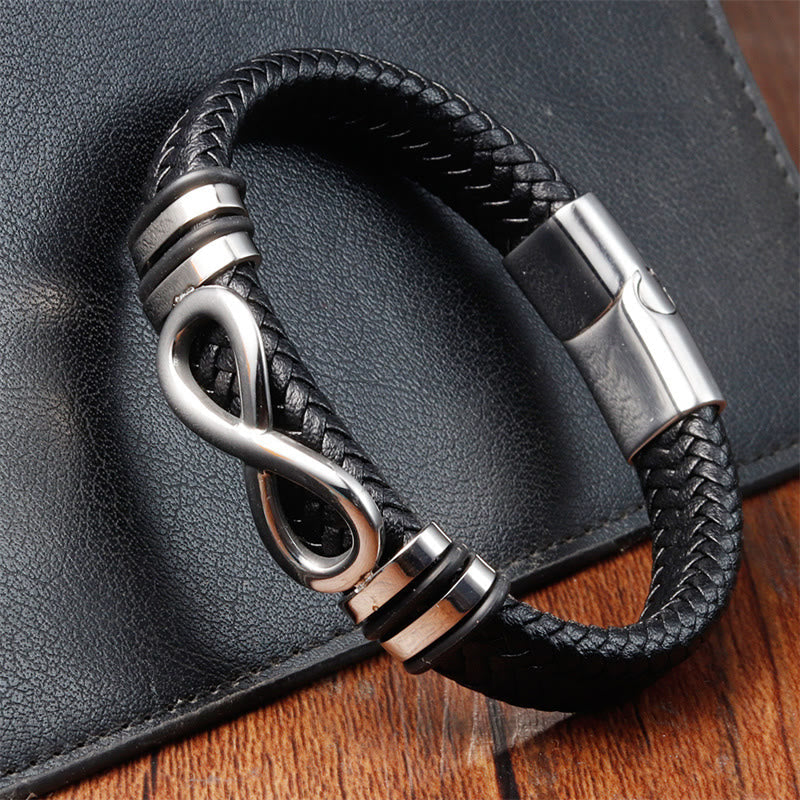 Fortune Jewel Endless Knot Design Titanium Steel Strengthen Braided Leather Buckle Bracelet