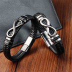 Fortune Jewel Endless Knot Design Titanium Steel Strengthen Braided Leather Buckle Bracelet