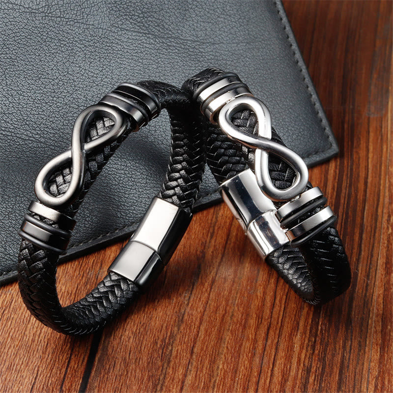 Fortune Jewel Endless Knot Design Titanium Steel Strengthen Braided Leather Buckle Bracelet