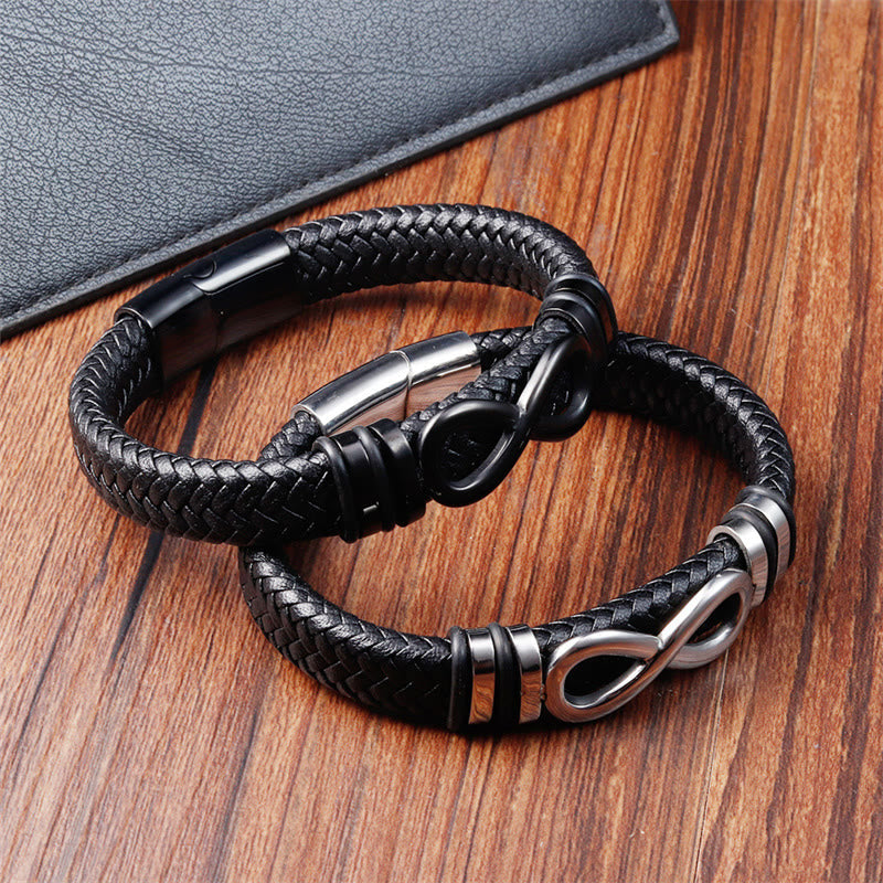 Fortune Jewel Endless Knot Design Titanium Steel Strengthen Braided Leather Buckle Bracelet