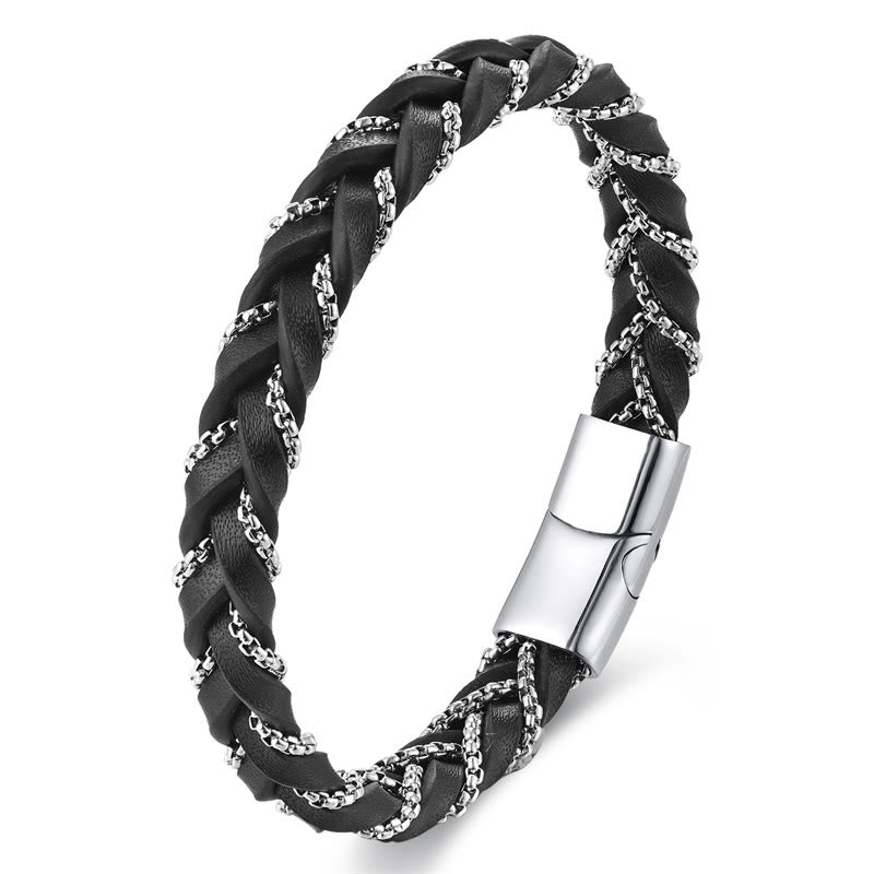 Fortune Jewel Simple Design Titanium Steel Calm Braided Leather Buckle Bracelet