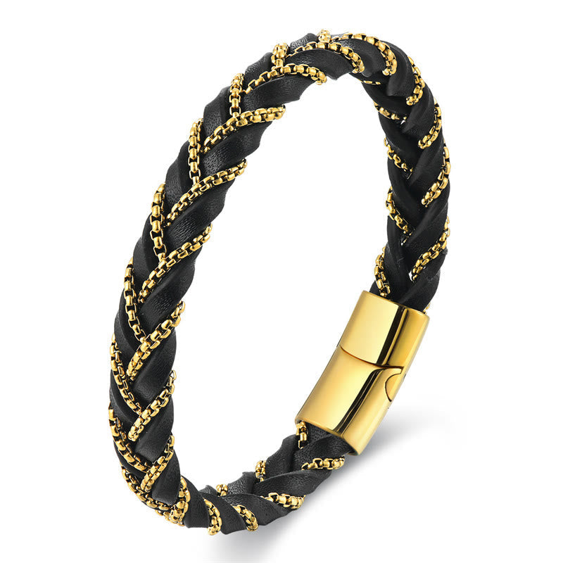 Fortune Jewel Simple Design Titanium Steel Calm Braided Leather Buckle Bracelet