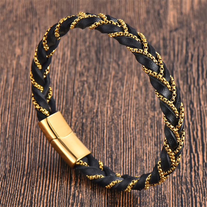 Fortune Jewel Simple Design Titanium Steel Calm Braided Leather Buckle Bracelet
