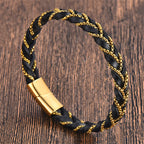 Fortune Jewel Simple Design Titanium Steel Calm Braided Leather Buckle Bracelet
