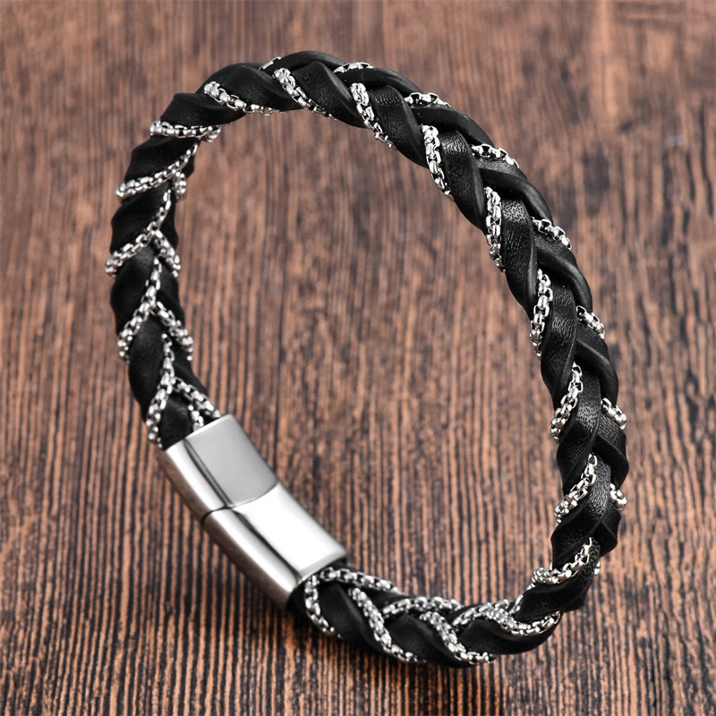 Fortune Jewel Simple Design Titanium Steel Calm Braided Leather Buckle Bracelet