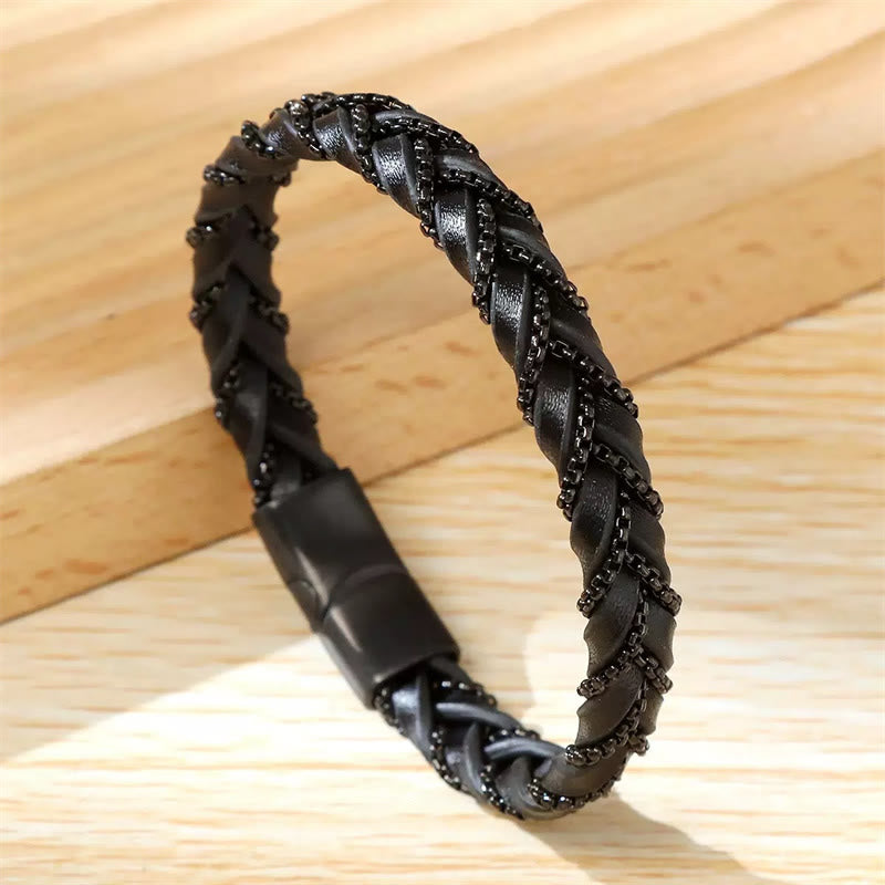 Fortune Jewel Simple Design Titanium Steel Calm Braided Leather Buckle Bracelet