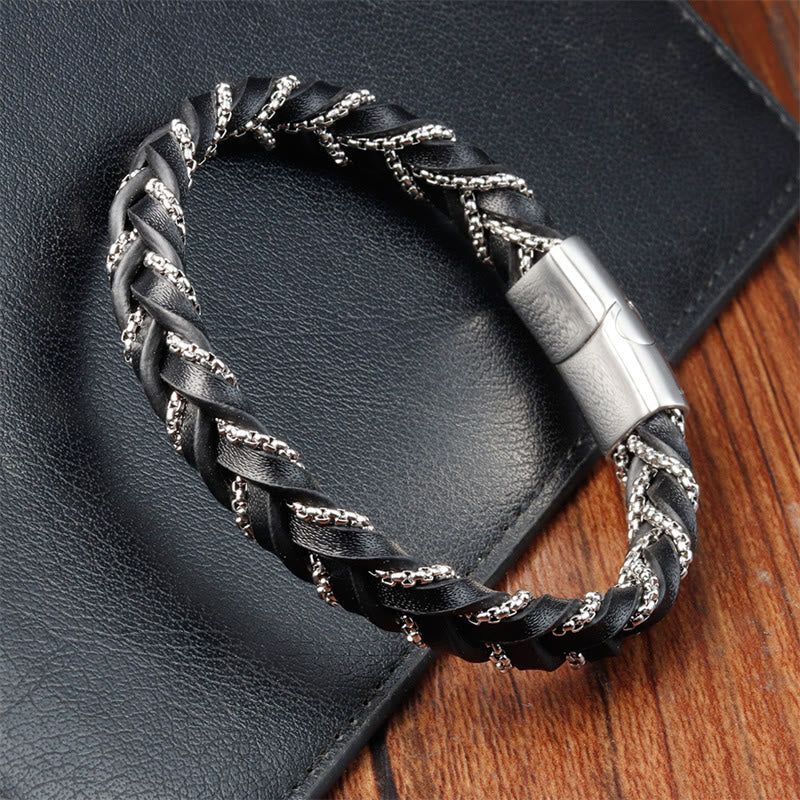 Fortune Jewel Simple Design Titanium Steel Calm Braided Leather Buckle Bracelet