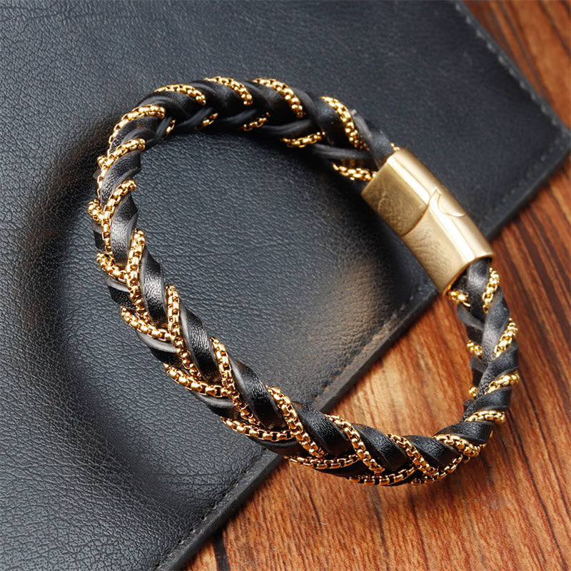 Fortune Jewel Simple Design Titanium Steel Calm Braided Leather Buckle Bracelet