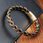 Fortune Jewel Simple Design Titanium Steel Calm Braided Leather Buckle Bracelet