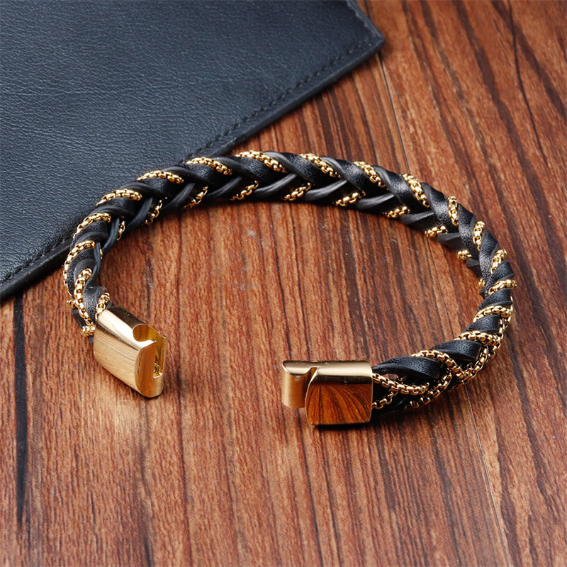 Fortune Jewel Simple Design Titanium Steel Calm Braided Leather Buckle Bracelet