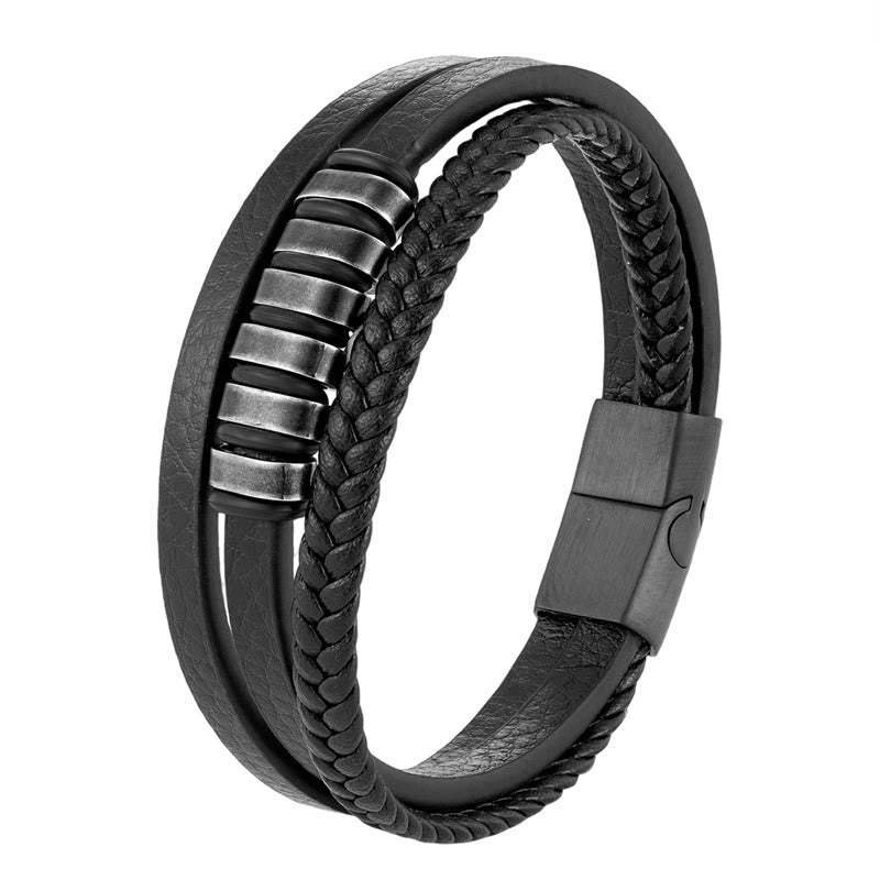 Fortune Jewel Simple Titanium Steel Braided Three-layer Leather Buckle Calm Bracelet