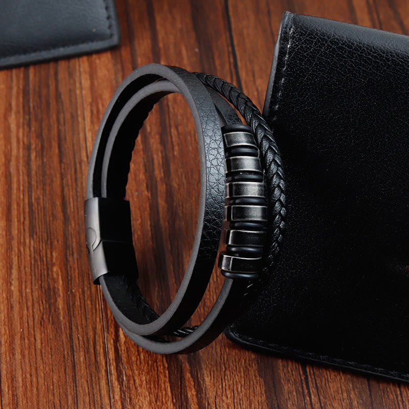 Fortune Jewel Simple Titanium Steel Braided Three-layer Leather Buckle Calm Bracelet