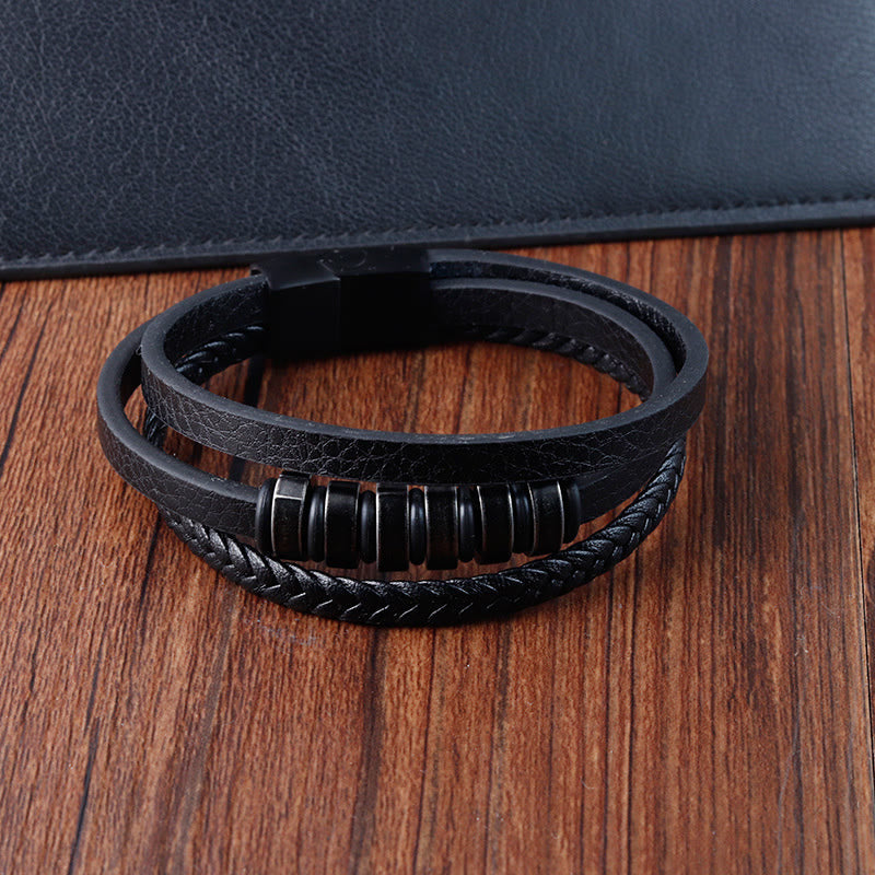Fortune Jewel Simple Titanium Steel Braided Three-layer Leather Buckle Calm Bracelet