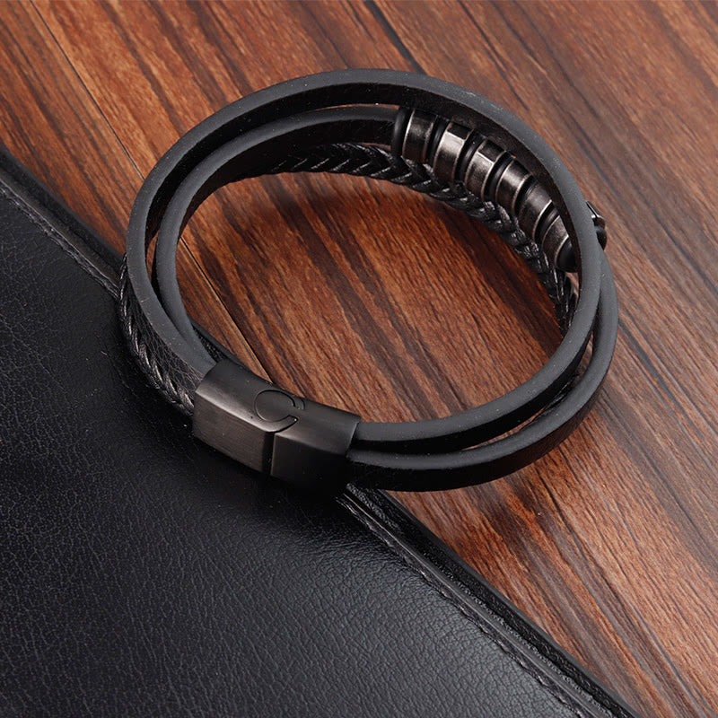 Fortune Jewel Simple Titanium Steel Braided Three-layer Leather Buckle Calm Bracelet