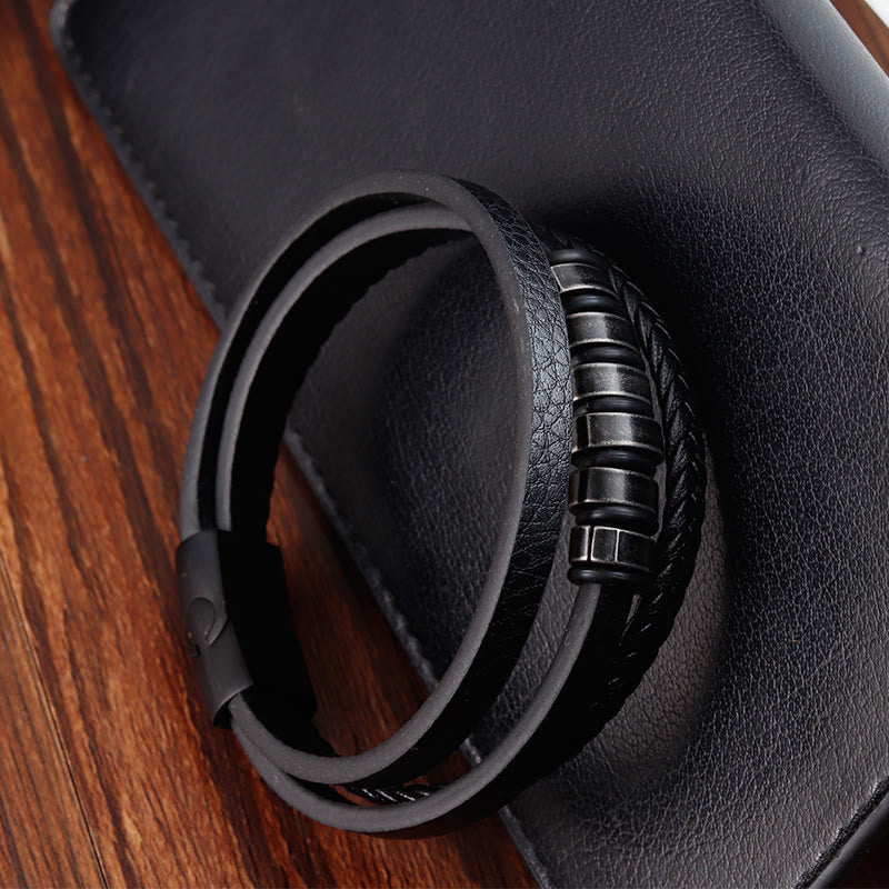Fortune Jewel Simple Titanium Steel Braided Three-layer Leather Buckle Calm Bracelet