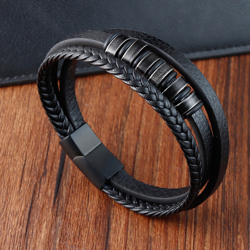 Fortune Jewel Simple Titanium Steel Braided Three-layer Leather Buckle Calm Bracelet