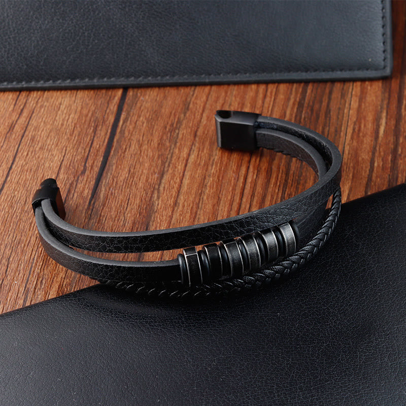 Fortune Jewel Simple Titanium Steel Braided Three-layer Leather Buckle Calm Bracelet