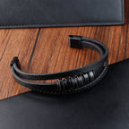 Fortune Jewel Simple Titanium Steel Braided Three-layer Leather Buckle Calm Bracelet