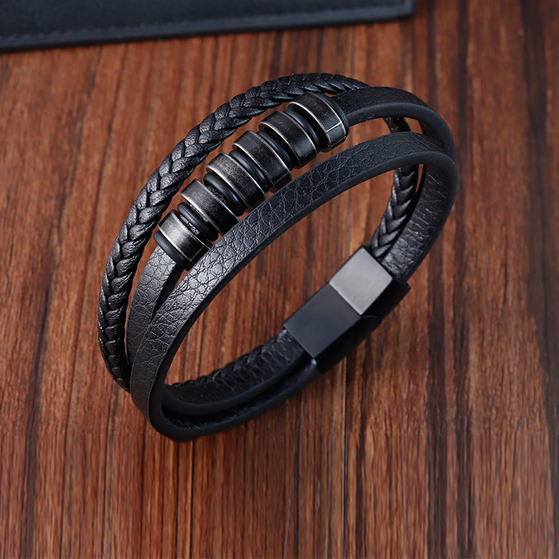 Fortune Jewel Simple Titanium Steel Braided Three-layer Leather Buckle Calm Bracelet