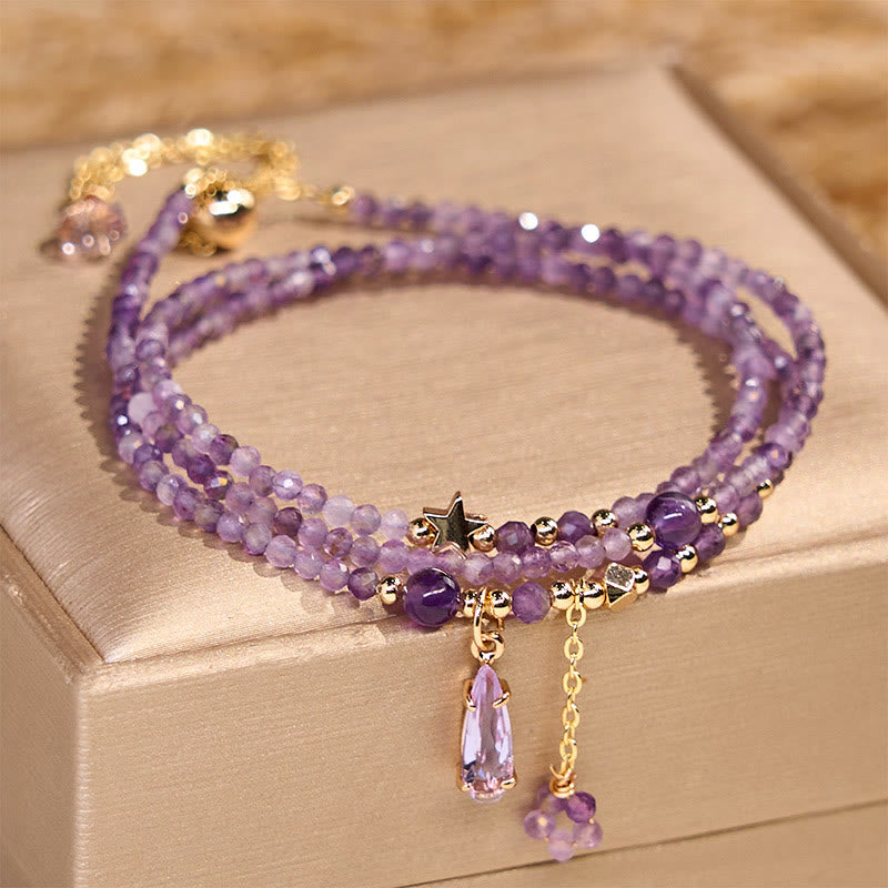 Fortune Jewel Natural Amethyst Water Drop Star Meditation Triple Wrap Bracelet