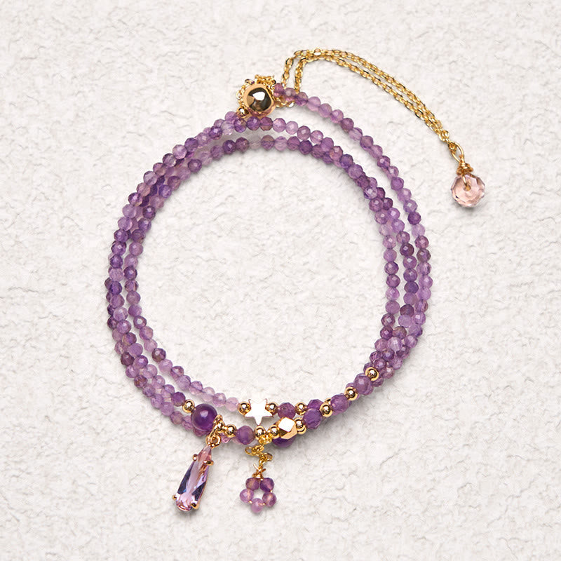 Fortune Jewel Natural Amethyst Water Drop Star Meditation Triple Wrap Bracelet