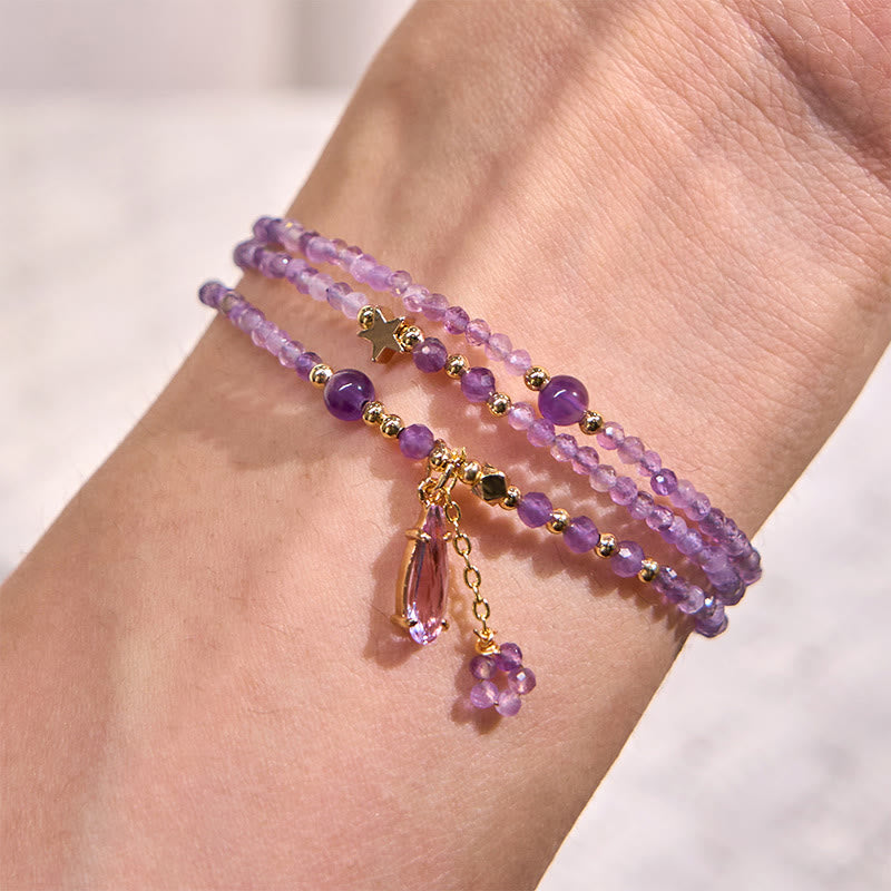 Fortune Jewel Natural Amethyst Water Drop Star Meditation Triple Wrap Bracelet