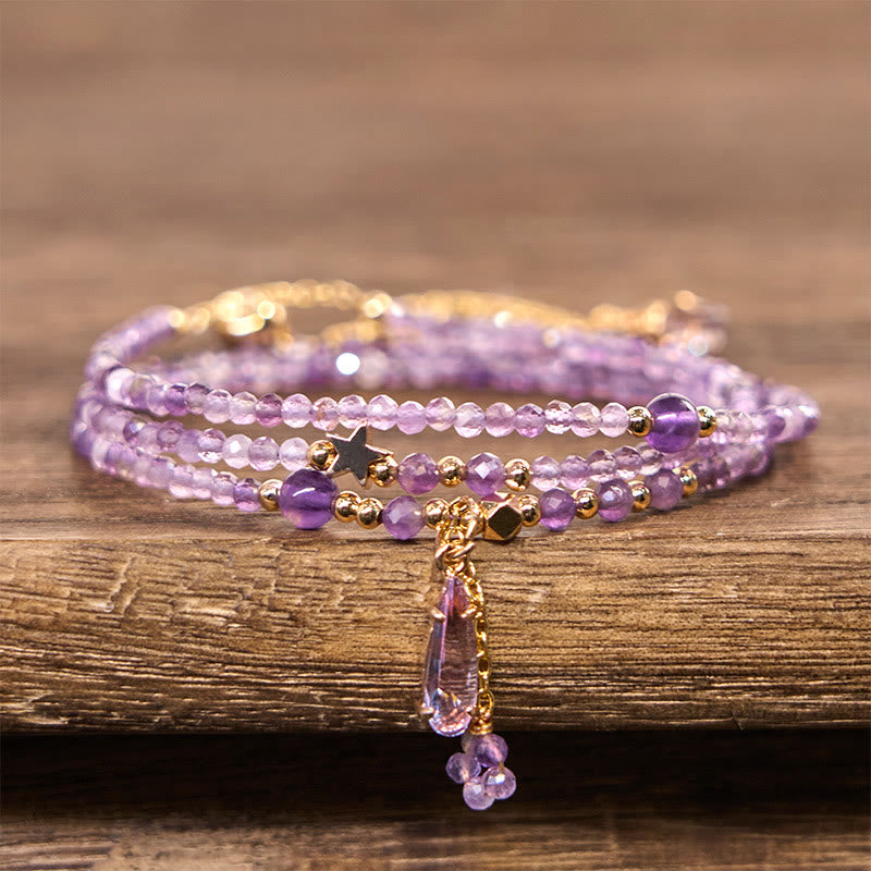 Fortune Jewel Natural Amethyst Water Drop Star Meditation Triple Wrap Bracelet