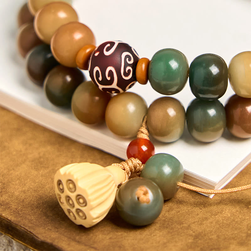 Fortune Jewel Colorful Bodhi Seed Lotus Pod Charm Peace Double Wrap Bracelet