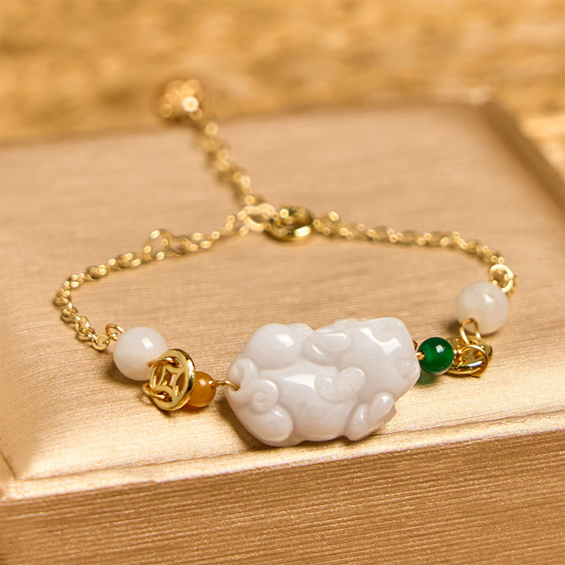 Fortune Jewel Natural Jade PiXiu Carved Copper Coin Luck Chain Bracelet