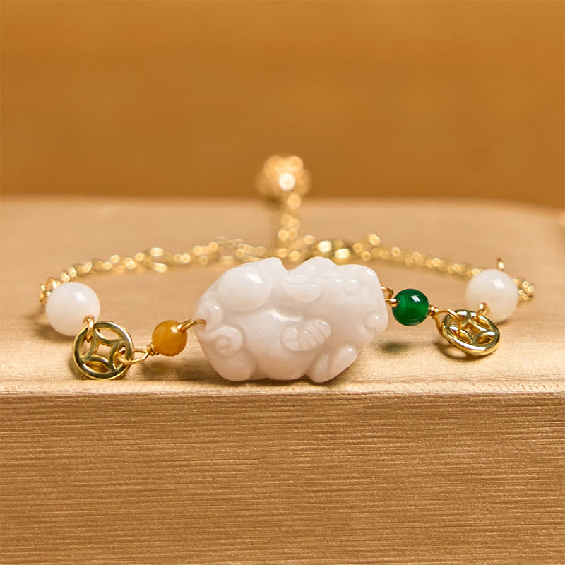 Fortune Jewel Natural Jade PiXiu Carved Copper Coin Luck Chain Bracelet