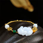Fortune Jewel Natural Jade PiXiu Carved Copper Coin Luck Chain Bracelet
