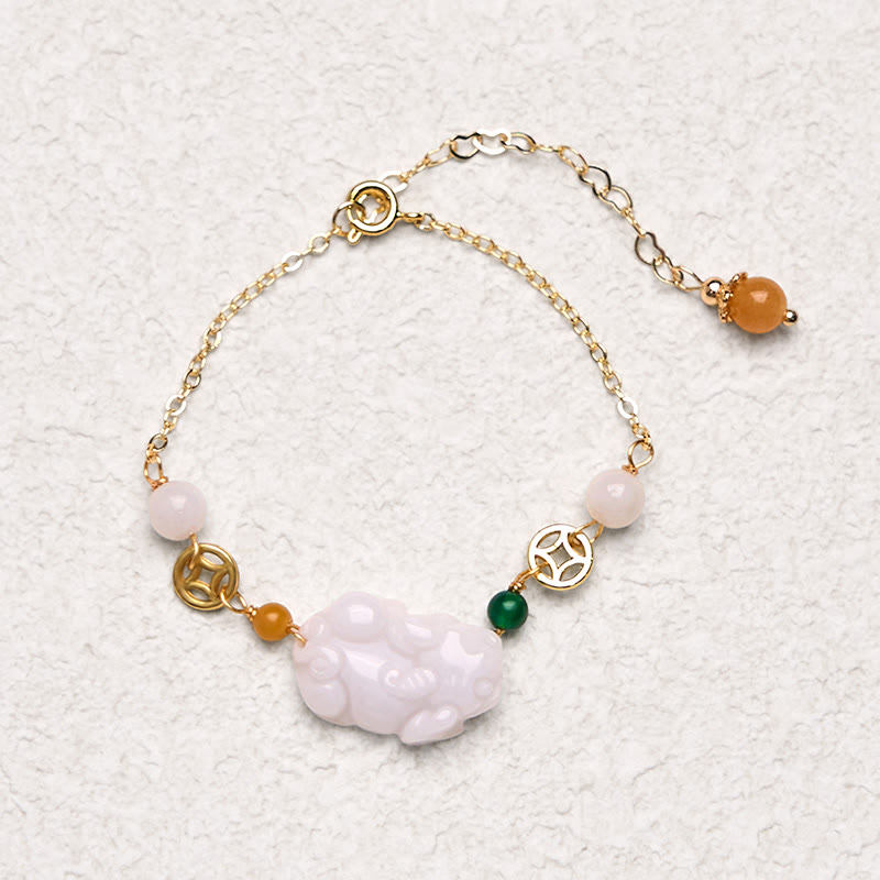 Fortune Jewel Natural Jade PiXiu Carved Copper Coin Luck Chain Bracelet