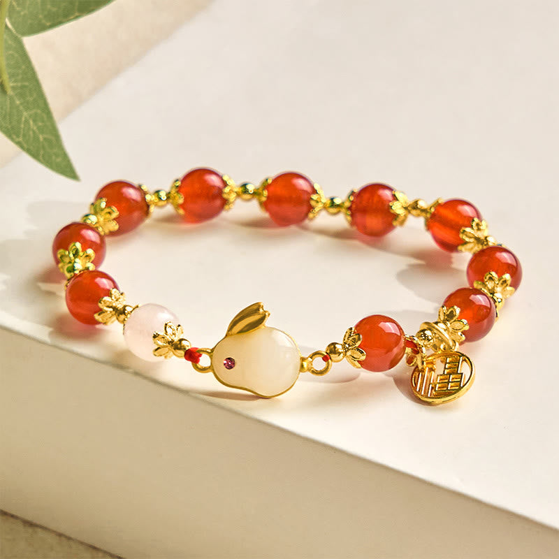 Fortune Jewel Red Agate Chalcedony Rabbit Fu Character Confidence Bracelet