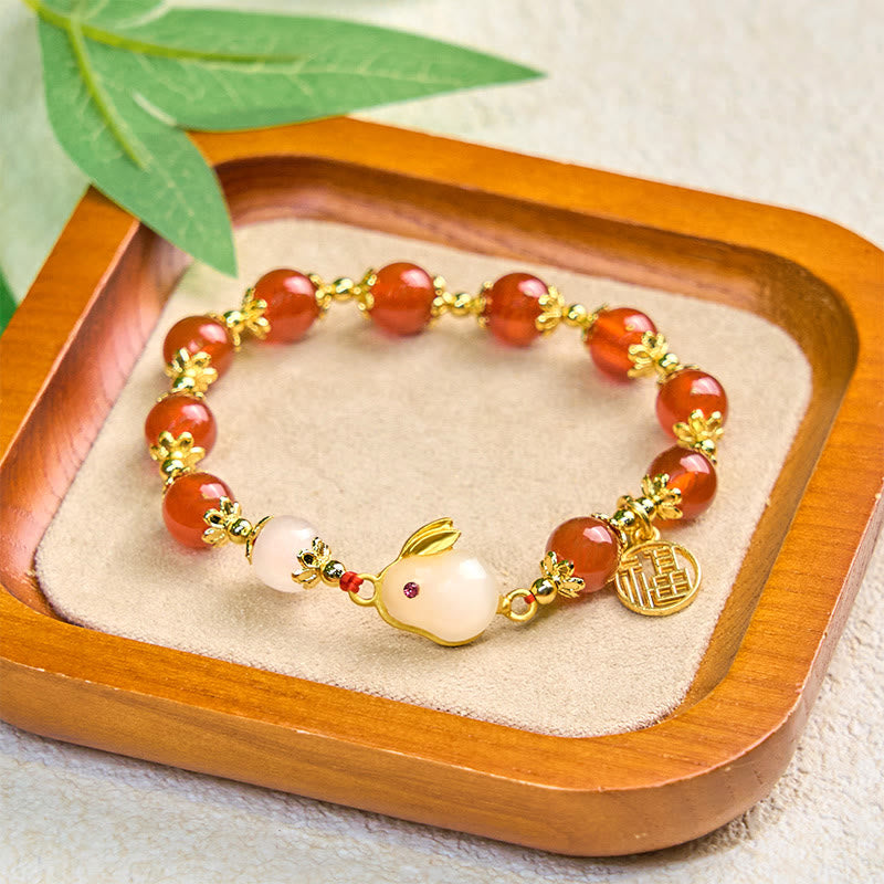 Fortune Jewel Red Agate Chalcedony Rabbit Fu Character Confidence Bracelet