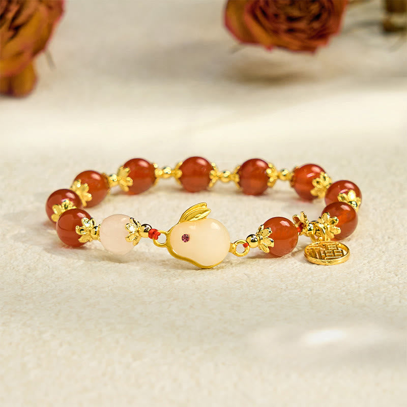 Fortune Jewel Red Agate Chalcedony Rabbit Fu Character Confidence Bracelet