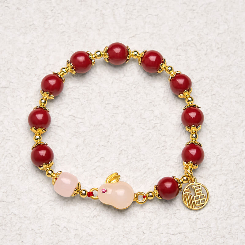Fortune Jewel Cinnabar Cute Rabbit Bunny Fu Character Charm Blessing Bracelet