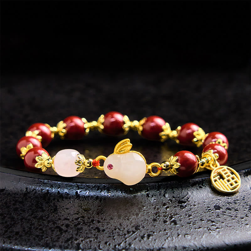 Fortune Jewel Cinnabar Cute Rabbit Bunny Fu Character Charm Blessing Bracelet