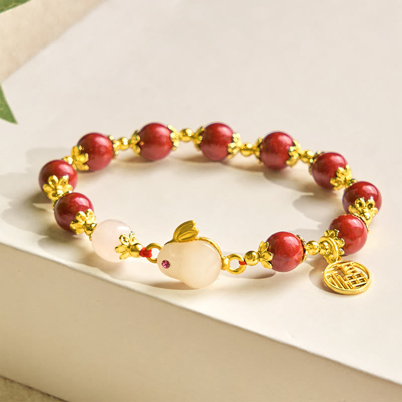 Fortune Jewel Cinnabar Cute Rabbit Bunny Fu Character Charm Blessing Bracelet