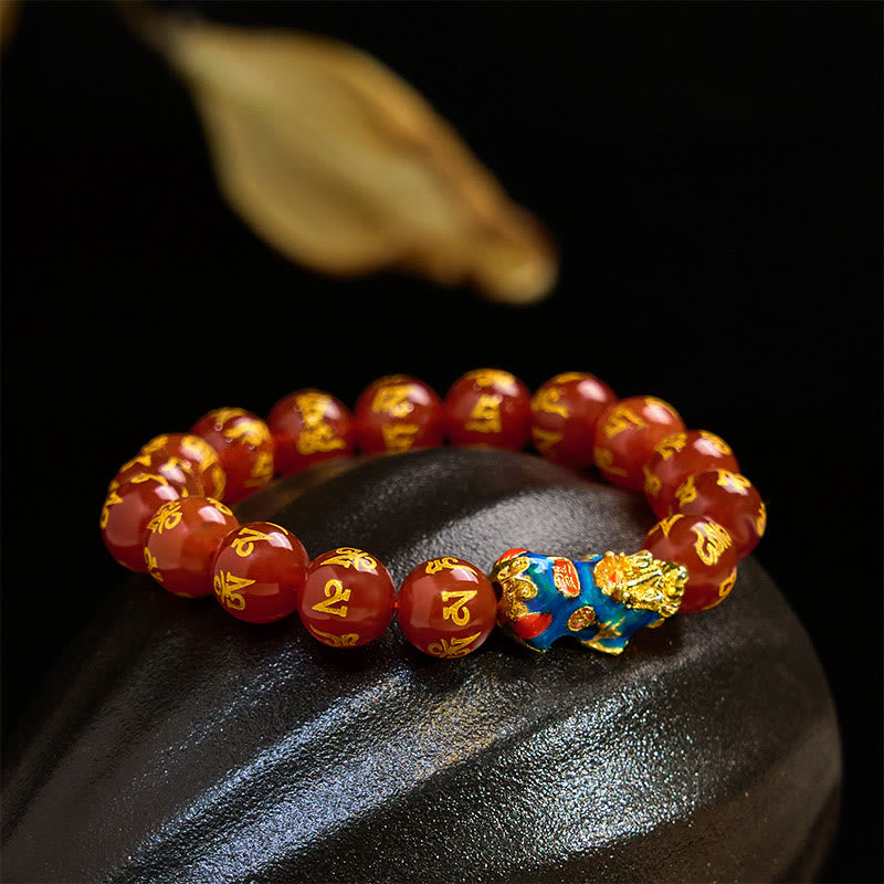 Fortune Jewel Red Agate Color Change PiXiu Om Mani Padme Hum Calm Bracelet