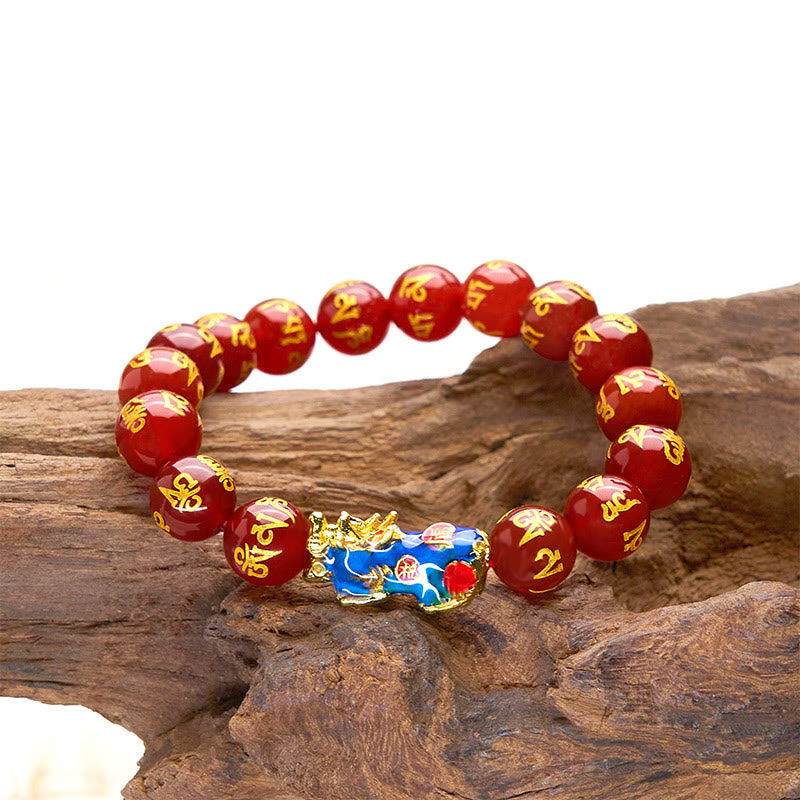 Fortune Jewel Red Agate Color Change PiXiu Om Mani Padme Hum Calm Bracelet